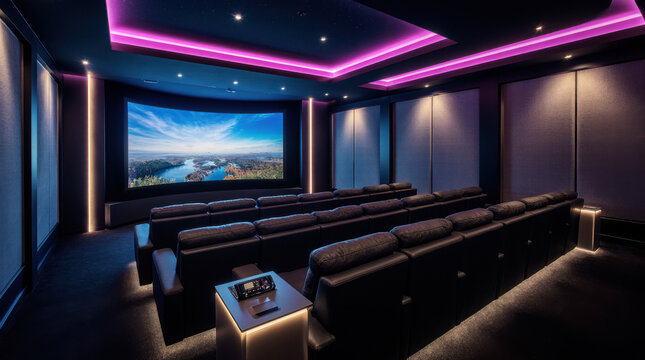 Sleek high-tech home theater with LED lighting and plush seating