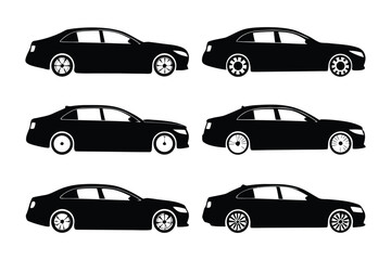 Stylish Sedan Silhouette: A collection of sleek black sedan silhouettes, showcasing a range of wheel designs, perfect for automotive design or transportation themes.