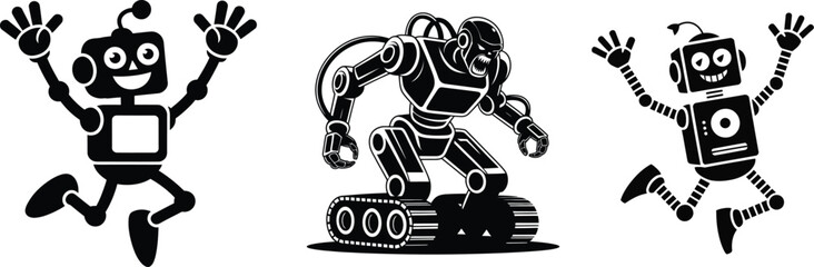 Robot character vector set with cute jumping cartoons and a powerful industrial bot on tracks. Black and white silhouette icons for technology and artificial intelligence.
