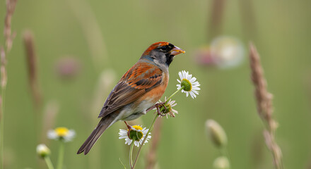 Fototapeta premium Small Beaked Bunting with Bright Feathers on Flower Stem PNG