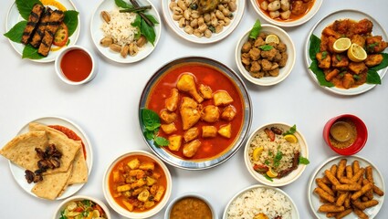 A vibrant spread of indian cuisine featuring curries rice and appetizers
