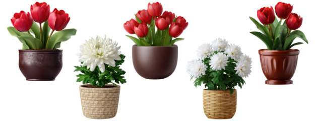 Collection of five potted plants with red tulips and white chrysanthemums in various planters