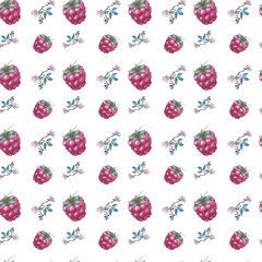 seamless floral pattern with watercolor raspberry and blossom branch 