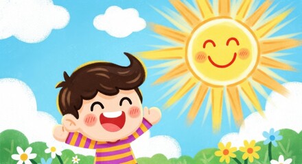 A Happy Child Enjoys a Sunny Day Outdoors Surrounded by Nature