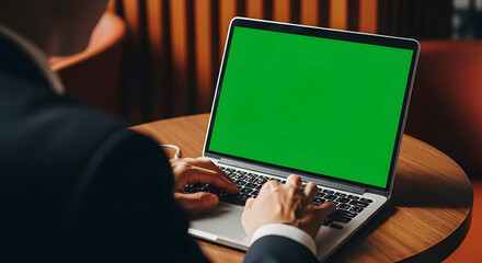 Businessman working on a laptop with a green screen display in a cafe.
