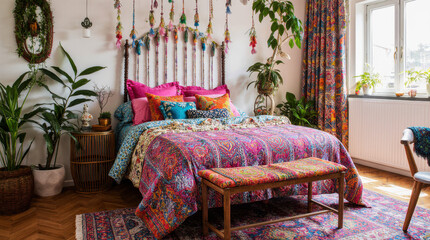Vibrant bohemian bedroom with colorful textiles and plants