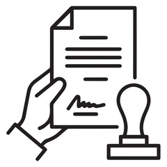 Verified Document with Signature and Stamp in Hand – Outline Icon