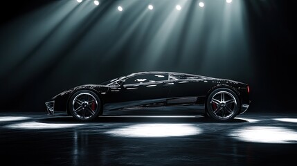 Luxury sports car in a sleek black studio, illuminated by soft spotlights, automotive elegance and power for premium automotive marketing 