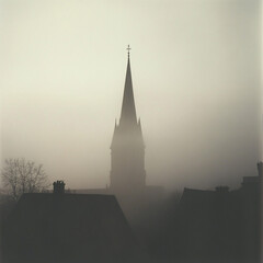 Obraz premium A church steeple barely visible in dense fog, surrounded by faint silhouettes of rooftops.