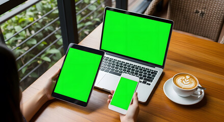 Person using laptop, tablet, and phone with green screens in a cafe.