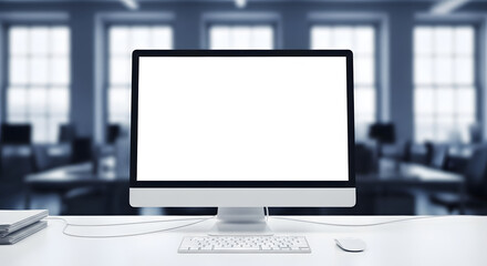 A computer monitor with a blank screen sits on a desk in a blurred office setting.