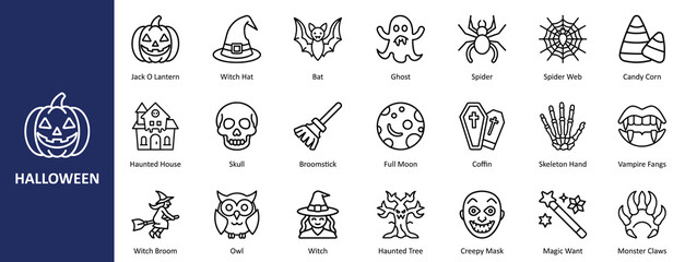 Halloween Outline Icon Set Vector – Spooky Elements for Holiday Designs, Decorations, and Trick-or-Treat Themes. Halloween Icon Set.