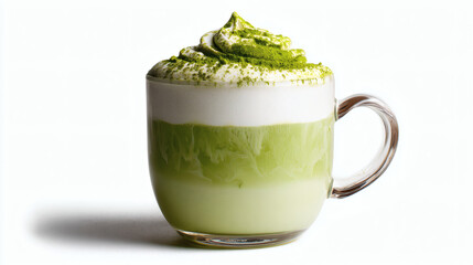 A vibrant matcha latte, a delightful drink topped with whipped cream, perfect for a cafe setting.