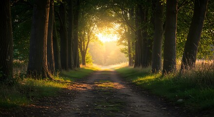 Obraz premium Sunset glow through dense forest trail