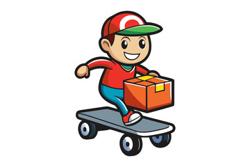 Obraz premium Speedy Delivery: An illustration captures the dynamism of express service, depicting a delivery person, box on skateboard, symbolizing speed and efficiency.