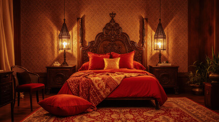 Fototapeta premium Vibrant Moroccan-inspired bedroom with ornate lanterns and rich colors