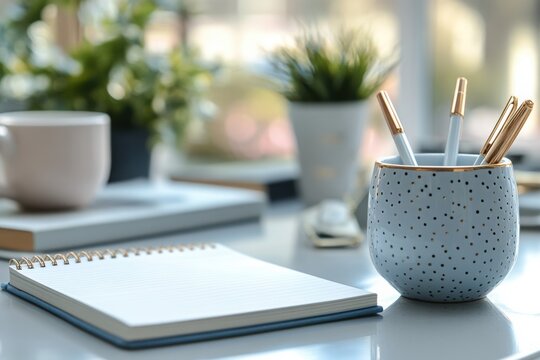 A desk with a blue and white polka dot pen holder and a white notebook