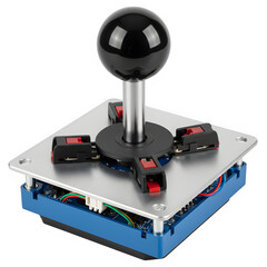 Arcade joystick controller with black ball top and side buttons white background isolate