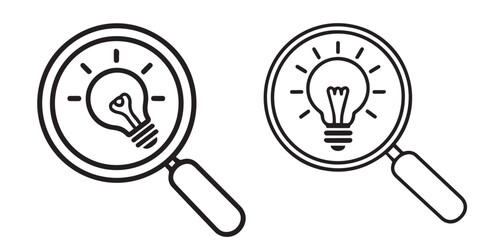 Idea Search Icons – Light Bulb in Magnifying Glass Outline