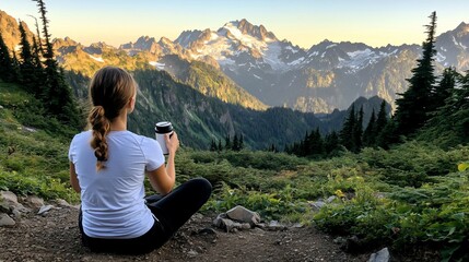 A woman sits on a mountaintop enjoying a drink, taking in the scenic view of snow-capped peaks and a vast valley