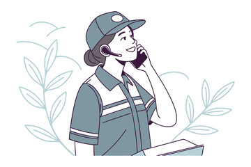 Customer Service Excellence: A professional woman, adorned in a uniform and headset, engaging in a phone conversation with a gentle smile, representing customer care and service.