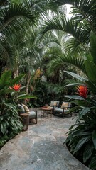 Fototapeta premium Tropical Garden Patio with Lounge Chairs and Lush Greenery 