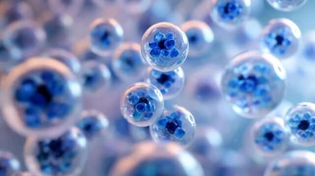 The image depicts a close-up view of spherical cells or bubbles with intricate blue structures inside, resembling microscopic biological entities.