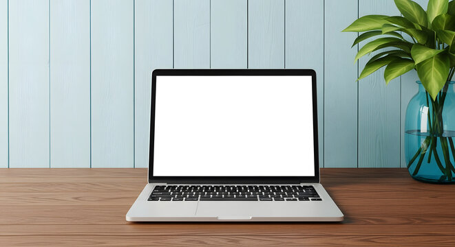 Laptop with a blank white screen sits on a wooden desk next to a plant in a blue vase. - Powered by Adobe