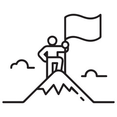 Success Icon – Person with Flag on Mountain Peak Outline Vector