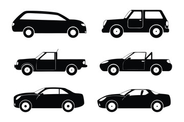 Naklejka premium Silhouette Vehicle Collection: A sleek compilation of various automobile silhouettes, a minimalist representation of diverse car types, perfect for design and transportation concepts.