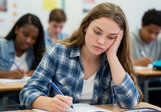 Pensive student in plaid shirt struggles with test in classroom setting