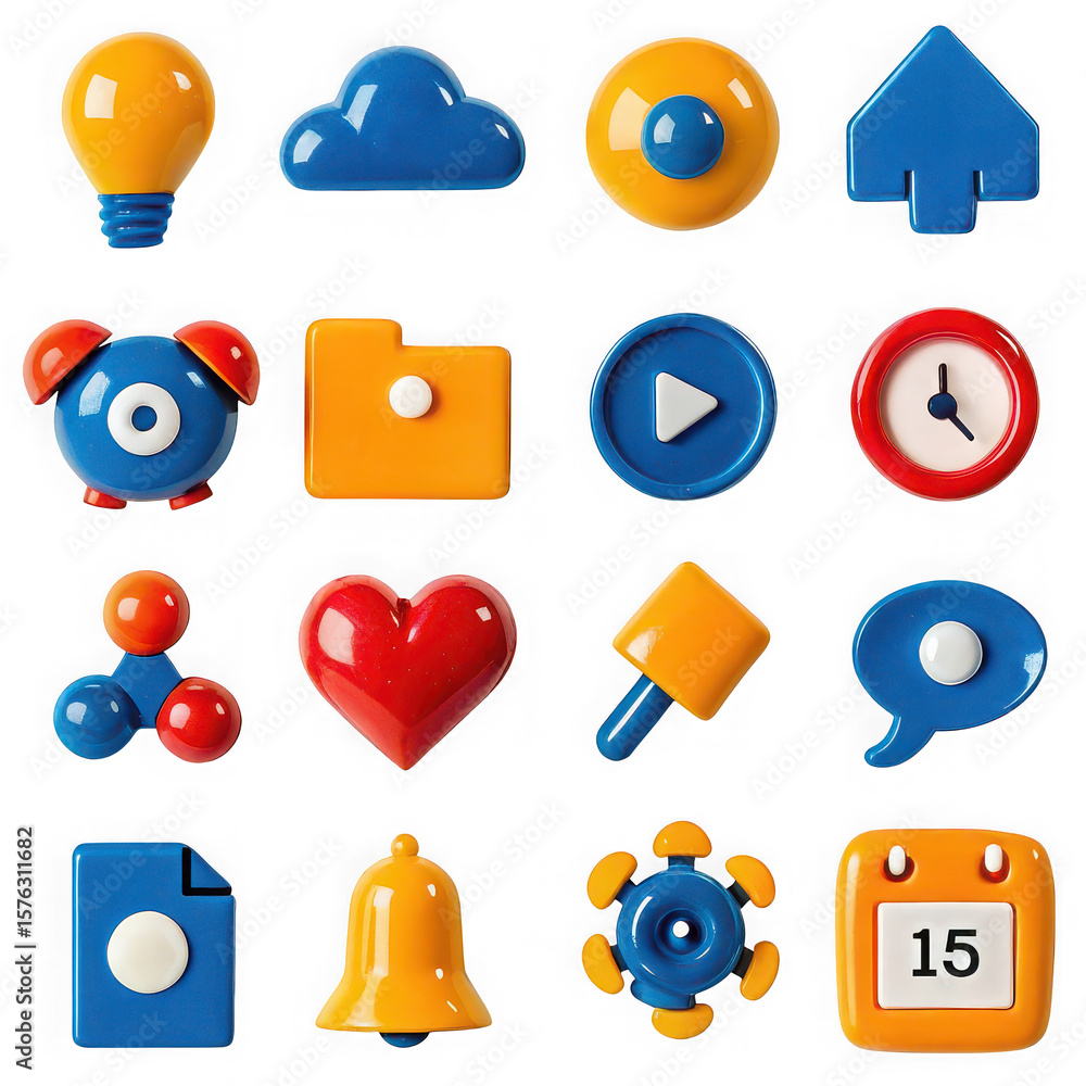 Fototapete collection of colorful 3d rendered icons representing technology and communication concepts