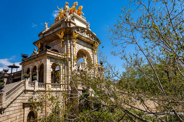 Barcelona, Spain-April 21, 2025. The ornate Cascada Monumental in Barcelona features elaborate...