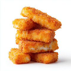Crispy fish fingers isolated on white &mdash; fried snack for menu or packaging design
