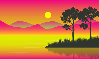 Natural Landscape in the morning, Mountain, lake and Tree Silhouette