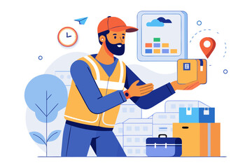 Delivery Dispatch Illustration: A friendly delivery person is holding a box, symbolizing prompt delivery service
