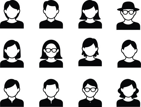 People icon set. Collection of simple black and white user avatars. Vector illustration of male and female headshots for profile pictures, team members, or community forums. Minimalist anonymous faces