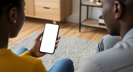 Couple on carpet, woman shows blank smartphone screen to man.