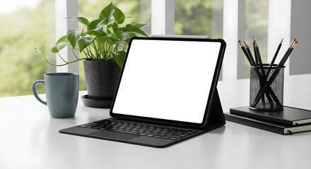 A modern workspace featuring a tablet with a blank screen, a plant, and stationery.