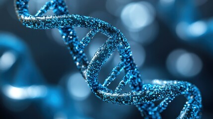 Blue DNA double helix, detailed structure, bokeh background