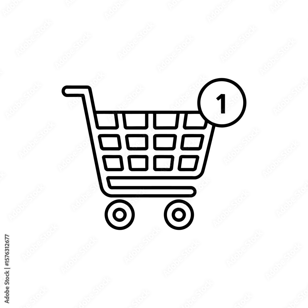 Poster simple line art icon of a shopping cart with a notification badge showing the number one