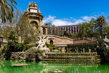 Barcelona, Spain-April 21, 2025. The ornate Cascada Monumental in Barcelona features elaborate...