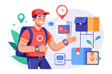 Swift Delivery: An illustration of a delivery man, showcasing the efficiency of seamless delivery with vibrant graphics representing the journey of a package.