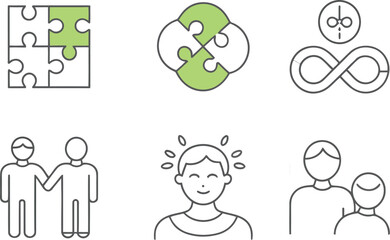 Neurodiversity and relationships line icon set. Symbols for autism, teamwork, friendship, and mental health support. Editable stroke puzzle and people icons for psychology and community concepts.