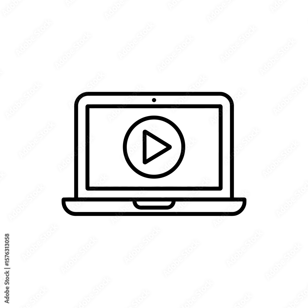 Poster simple black line art icon of a laptop displaying a play button symbol for media playback