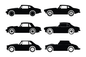 Classic Car Silhouettes: A selection of vintage automobiles presented as sleek black silhouettes against a clean background, evoking the essence of retro design and automotive history.