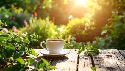 Coffee cup in garden setting