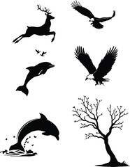 Naklejka premium Silhouettes of Wild Grace and Natural Rhythm: A Minimalist Composition Featuring Leaping Deer, Soaring Eagles, Playful Dolphins, and a Bare Tree in Dynamic Harmony