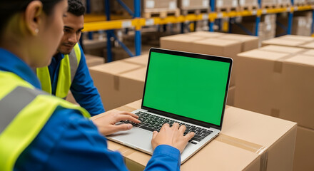 Two warehouse workers collaborating on a laptop, surrounded by cardboard boxes.