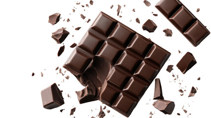 Chocolate bar with rich cocoa texture and segmented squares isolated on white background